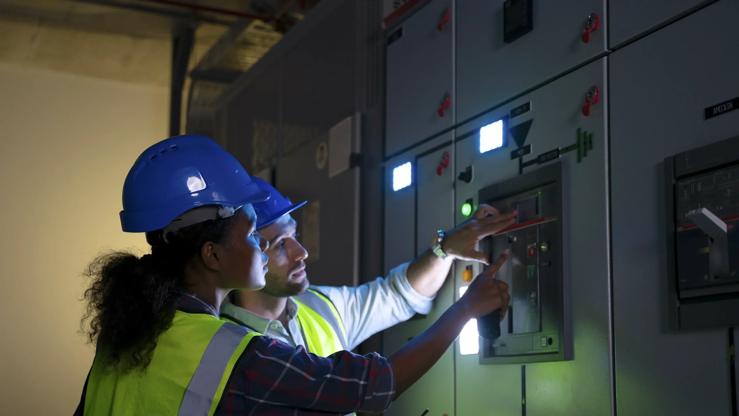Zwei Elektroingenieure prüfen eine Industrie-Schalttafel
