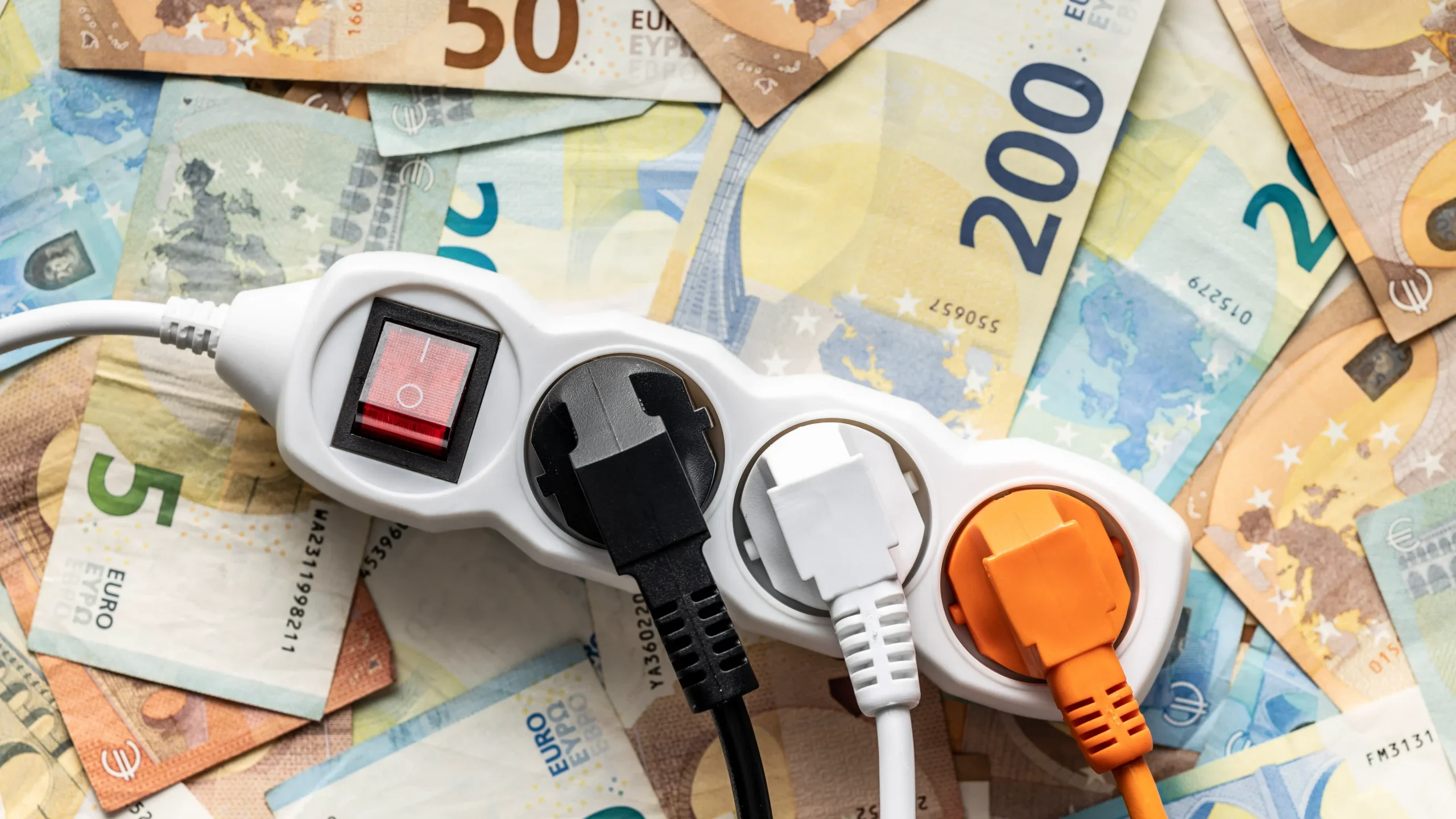 Mehrfachsteckdose mit angeschlossenen Stromkabeln liegt auf Euro-Geldscheinen